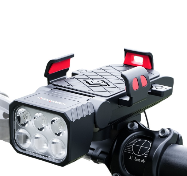 Predné svetlo na bicykel s klaksónom a držiakom na telefón, cyklistický reflektor, multifunkčný držiak na telefón, lampa, cyklistické príslušenstvo