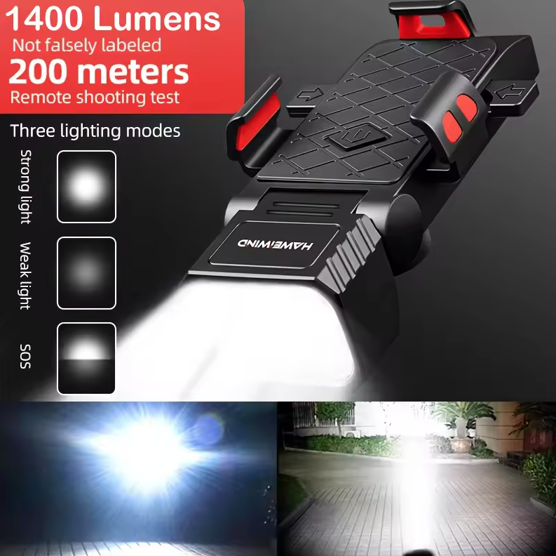 Predné svetlo na bicykel s klaksónom a držiakom na telefón, cyklistický reflektor, multifunkčný držiak na telefón, lampa, cyklistické príslušenstvo