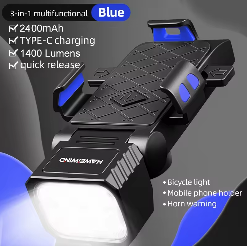 Predné svetlo na bicykel s klaksónom a držiakom na telefón, cyklistický reflektor, multifunkčný držiak na telefón, lampa, cyklistické príslušenstvo