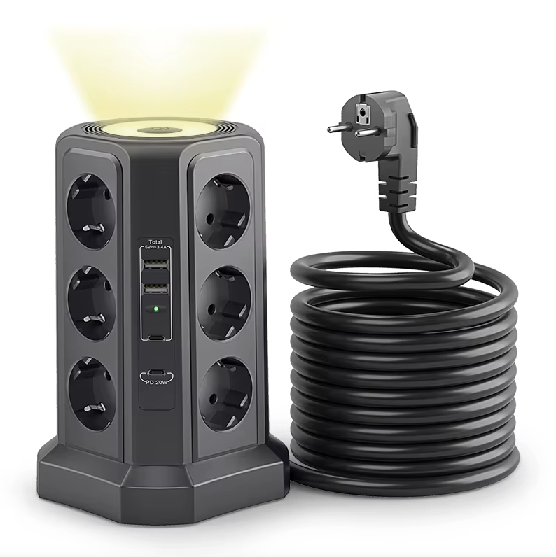 EÚ viaczásuvkový prepäťový chránič 4000W 16A s USB portom, multi-zásuvka s nočným svetlom