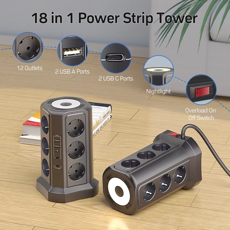 EÚ viaczásuvkový prepäťový chránič 4000W 16A s USB portom, multi-zásuvka s nočným svetlom