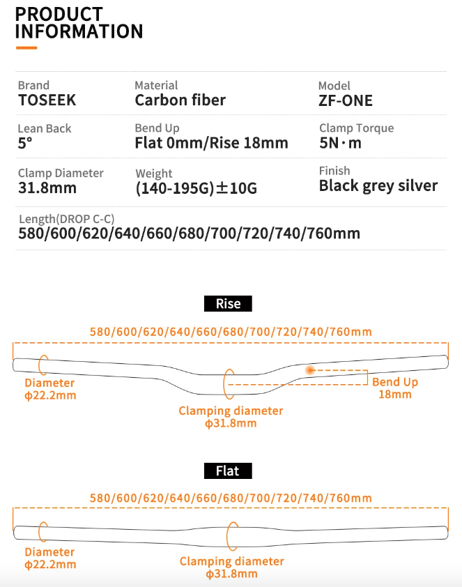 TOSEEK ZF-ONE MTB Carbonové riadidlá 31.8mm Ľahké Matná čierna 580mm 760mm Ergonomický dizajn Prémiová kvalita