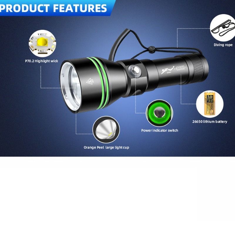 P70 Potápačské svietidlo: 5000 lúmenov, super jasné | IPX8 Vodotesné do 200m pre nočné potápanie