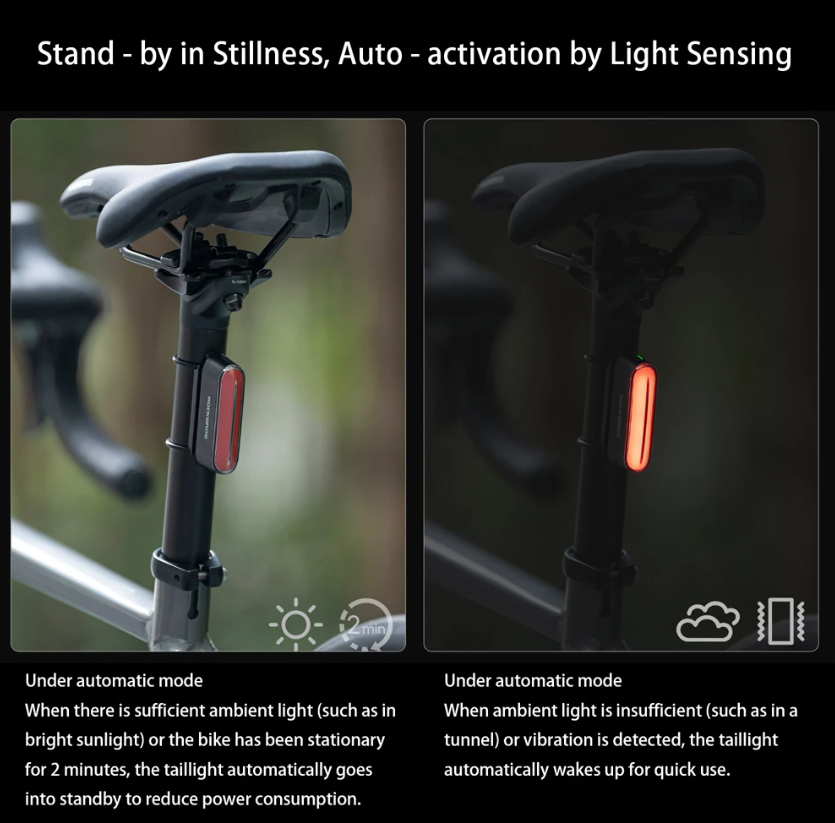 ROCKBROS Magnetické zadné svetlo na bicykel IPX6 Vodotesné 7 režimov Inteligentný senzor Nočné bezpečnostné výstražné svetlo Cyklistické príslušenstvo