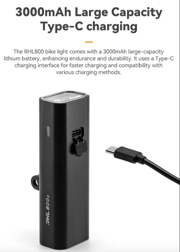 ROCKBROS RHL-1000LUMEN Predné svetlo na bicykel, odolné voči dažďu, LED cyklistické svetlo, nabíjateľné cez USB-C, na nočnú jazdu