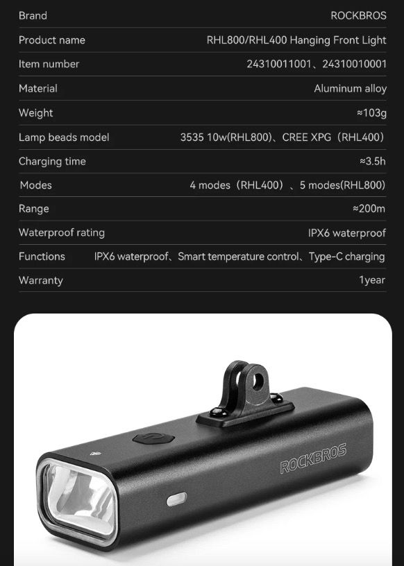 ROCKBROS RHL-1000LUMEN Predné svetlo na bicykel, odolné voči dažďu, LED cyklistické svetlo, nabíjateľné cez USB-C, na nočnú jazdu