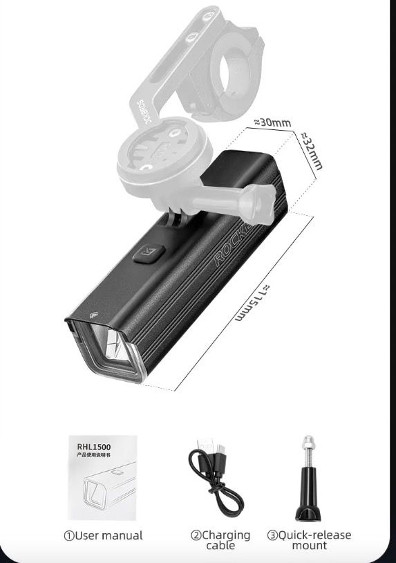 ROCKBROS RHL-1000LUMEN Predné svetlo na bicykel, odolné voči dažďu, LED cyklistické svetlo, nabíjateľné cez USB-C, na nočnú jazdu