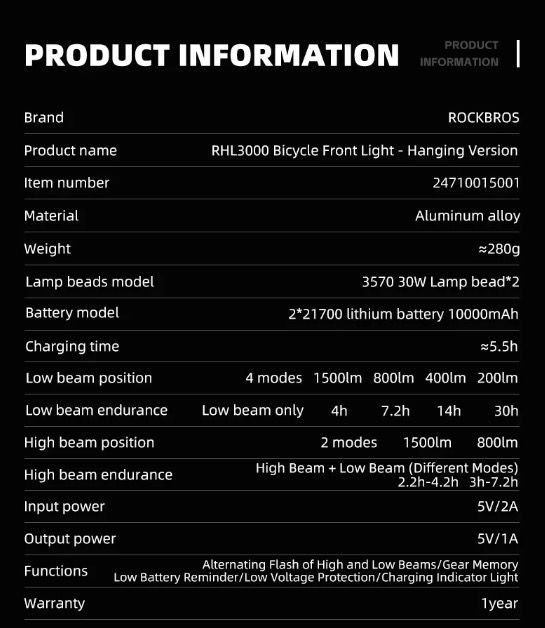 ROCKBROS RHL3000 Cyklistické svetlo 3000 lúmenov, LED predné svetlo, 10000mAh batéria, vodeodolné, na MTB a cestnú cyklistiku, odolné