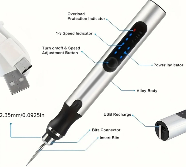 USB nabíjateľné gravírovacie pero s 35 bitmi, mini elektrický gravírovací stroj na leptanie, bezdrôtové rotačné nástroje na gravírovanie šperkov, kameňa, kovu, plastu, dreva, živice a modelov.
