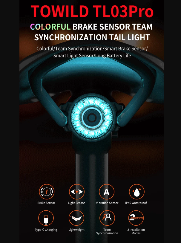 TOWILD TL03Pro LED Cyklistické zadné svetlo inteligentný brzdový senzor sedemfarebné blikanie odolný cyklistický doplnok