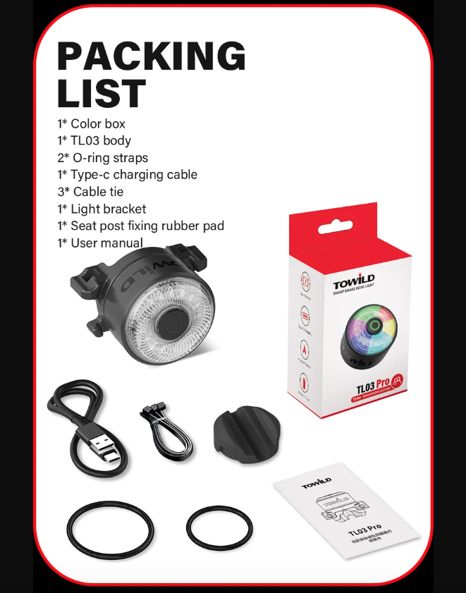 TOWILD TL03Pro LED Cyklistické zadné svetlo inteligentný brzdový senzor sedemfarebné blikanie odolný cyklistický doplnok