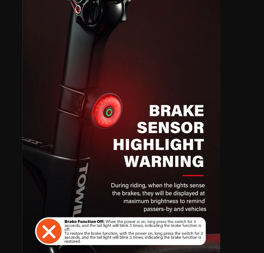 TOWILD TL03Pro LED Cyklistické zadné svetlo inteligentný brzdový senzor sedemfarebné blikanie odolný cyklistický doplnok