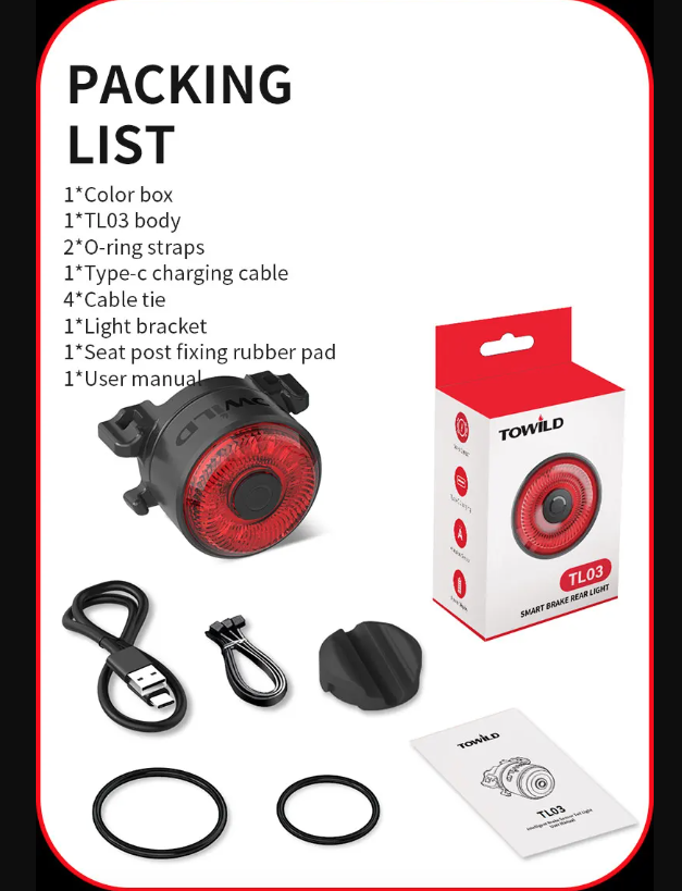 TOWILD TL03 Cyklistické inteligentné automatické brzdové snímacie LED zadné svetlo – príslušenstvo na bicykel s piatimi režimami blikania