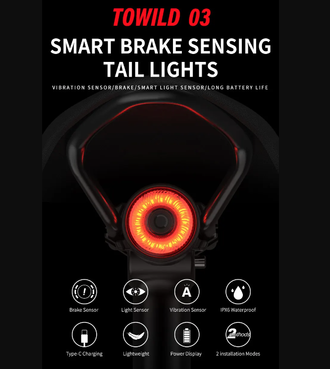 TOWILD TL03 Cyklistické inteligentné automatické brzdové snímacie LED zadné svetlo – príslušenstvo na bicykel s piatimi režimami blikania