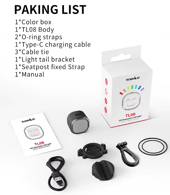 TOWILD TL08 Cyklistické zadné svetlo, Prispôsobiteľné vzory plnofarebné zadné svetlo na bicykel, Snímanie brzdenia, USB-C nabíjateľné cyklistické zadné svetlá