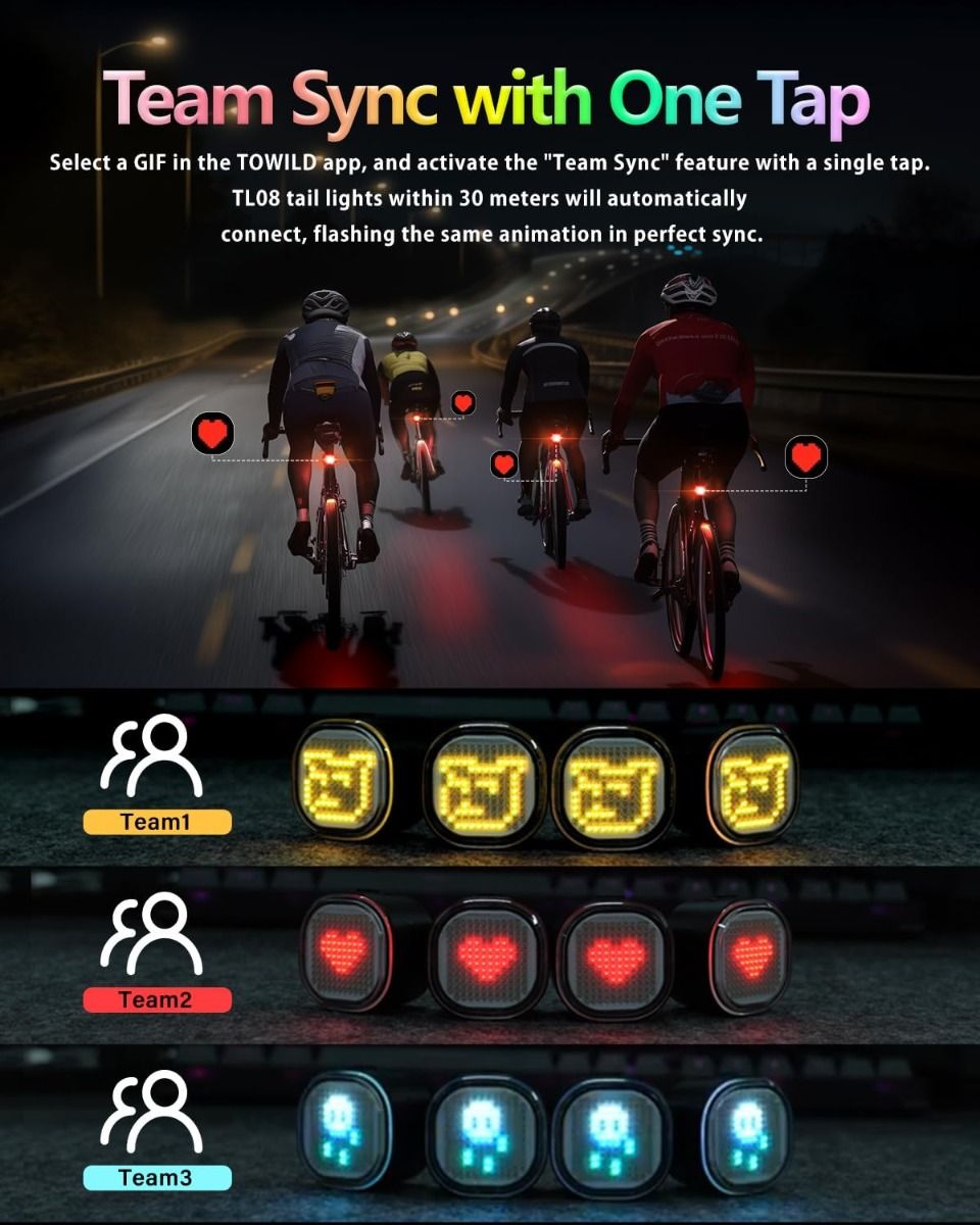TOWILD TL08 Cyklistické zadné svetlo, Prispôsobiteľné vzory plnofarebné zadné svetlo na bicykel, Snímanie brzdenia, USB-C nabíjateľné cyklistické zadné svetlá