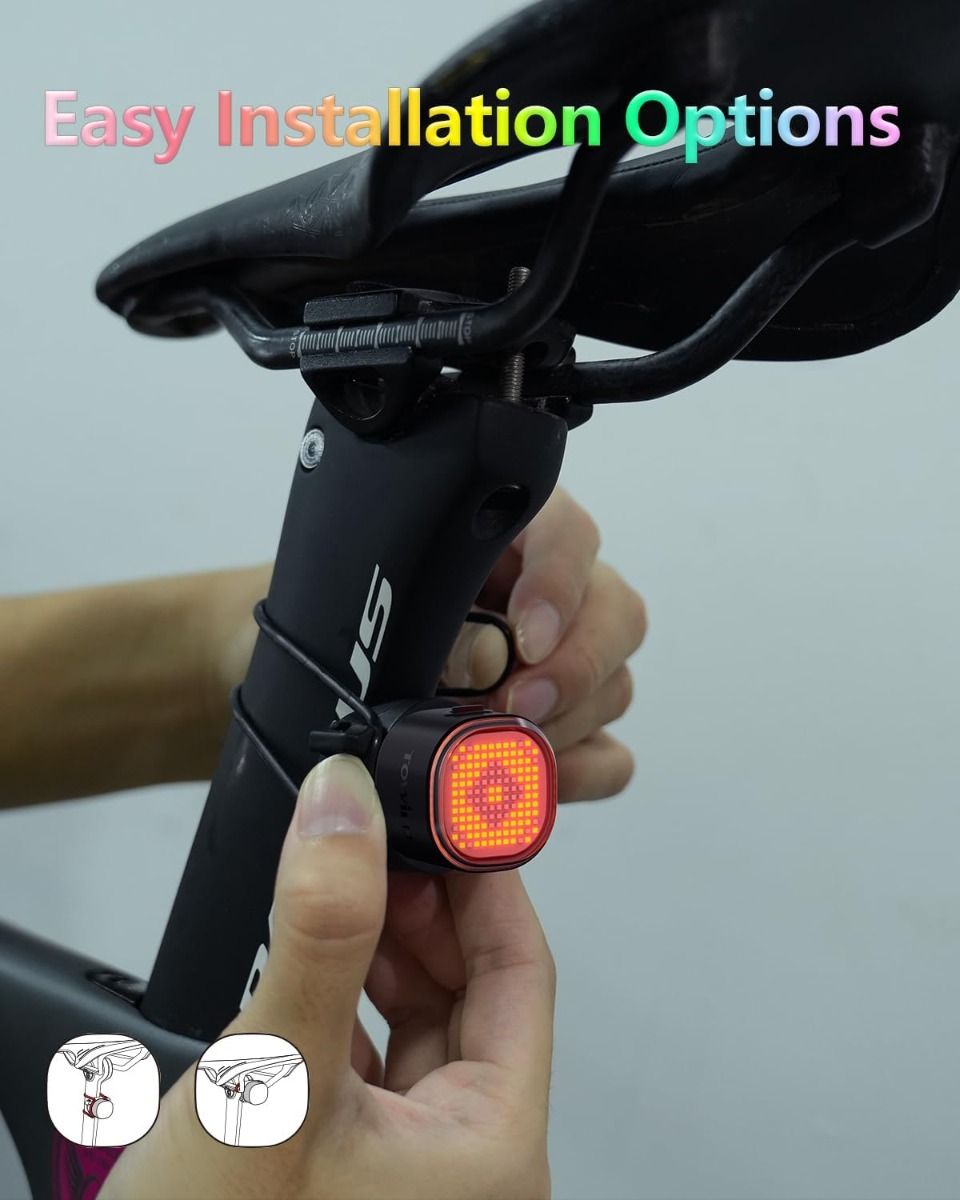 TOWILD TL08 Cyklistické zadné svetlo, Prispôsobiteľné vzory plnofarebné zadné svetlo na bicykel, Snímanie brzdenia, USB-C nabíjateľné cyklistické zadné svetlá