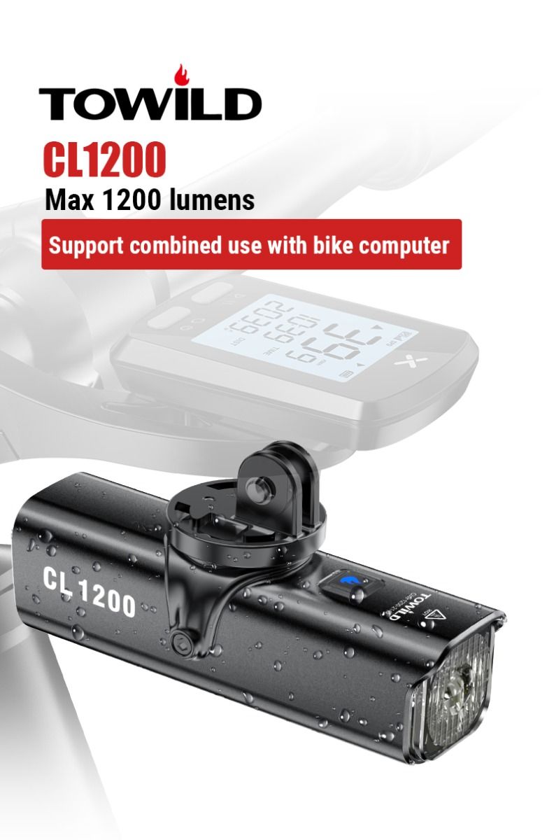 TOWILD CL1200 1200LM USB nabíjateľné predné svetlo na bicykel s bezdrôtovým diaľkovým ovládaním pre bezpečnosť pri nočnej cyklistike