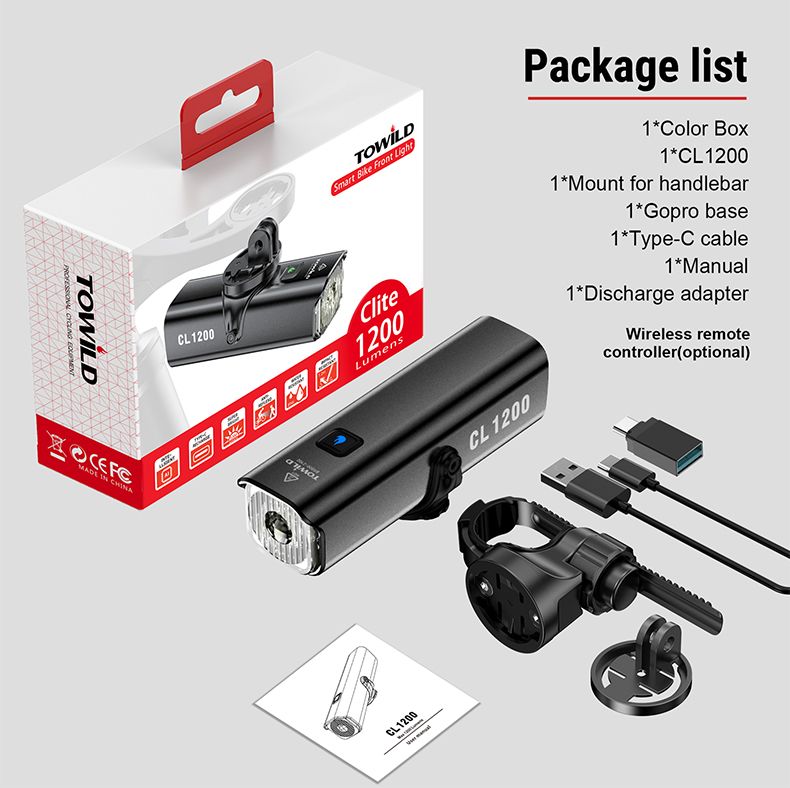TOWILD CL1200 1200LM USB nabíjateľné predné svetlo na bicykel s bezdrôtovým diaľkovým ovládaním pre bezpečnosť pri nočnej cyklistike