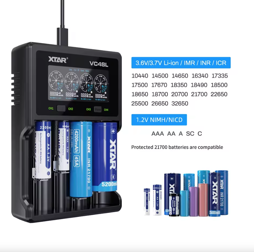 XTAR VC4SL 18650 21700 Nabíjačka batérií USB C rýchle nabíjanie Ekologická všestranná nabíjačka pre technické príslušenstvo