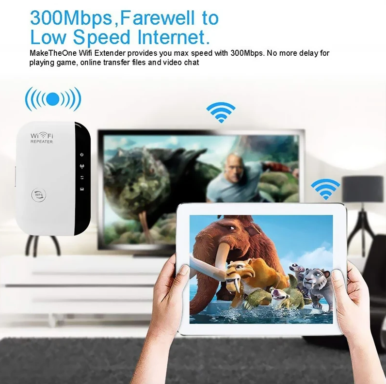 WiFi opakovač, bezdrôtový zosilňovač signálu, rozširovač siete, domáci router cez stenu, spálňa, príjem pohybu