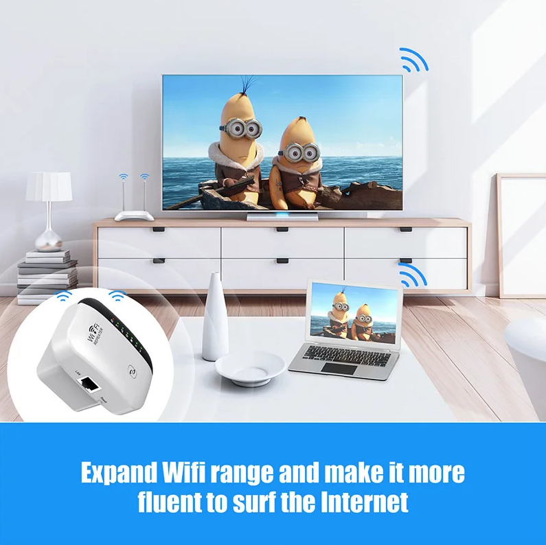 WiFi opakovač, bezdrôtový zosilňovač signálu, rozširovač siete, domáci router cez stenu, spálňa, príjem pohybu