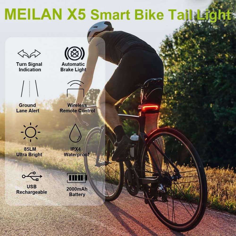 Meilan X5 inteligentné zadné svetlo na bicykel so smerovkami a automatickým brzdovým svetlom, bezdrôtové diaľkové ovládanie, USB nabíjateľné bezpečnostné výstražné cyklistické svetlo