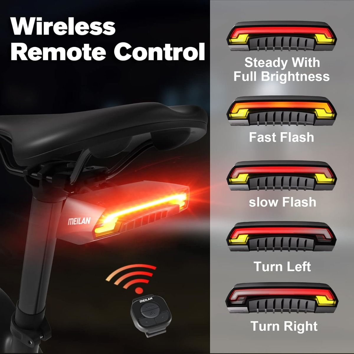 Meilan X5 inteligentné zadné svetlo na bicykel so smerovkami a automatickým brzdovým svetlom, bezdrôtové diaľkové ovládanie, USB nabíjateľné bezpečnostné výstražné cyklistické svetlo